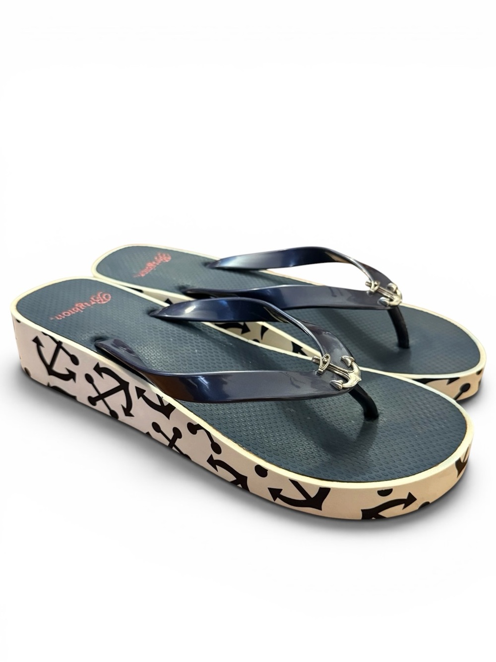 Brighton Ahoy Anchor Wedge Flip Flops Navy Nautical Sandals 9